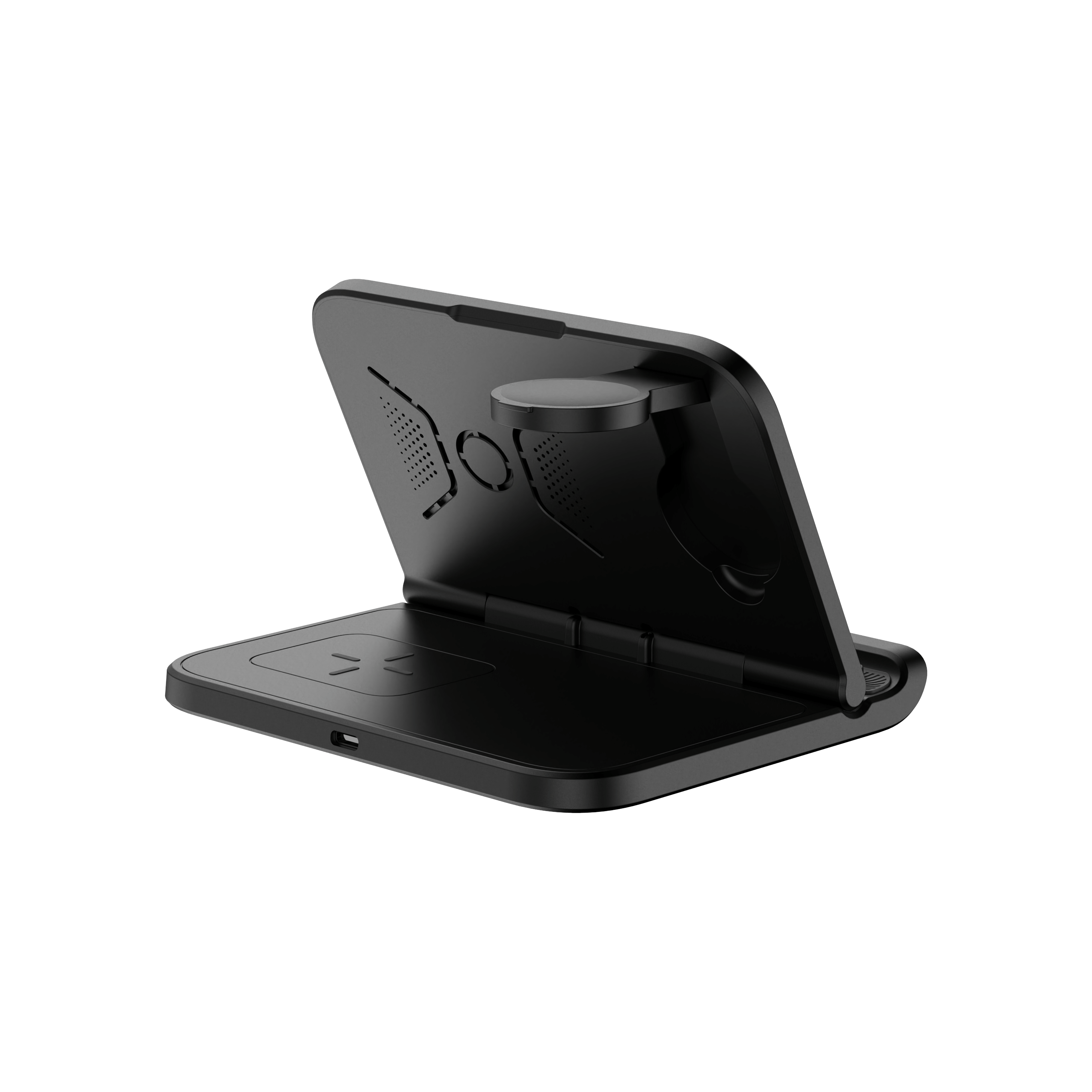 Rear-right view of the SwanScout 705S showing the sturdy build and support for phone cases up to 5mm thick for seamless wireless charging