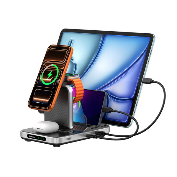 SwanScout 901M 5-in-1 magnetic charging station with 60W output, simultaneously powering iPhone 17, Apple Watch 10, AirPods, and an iPad