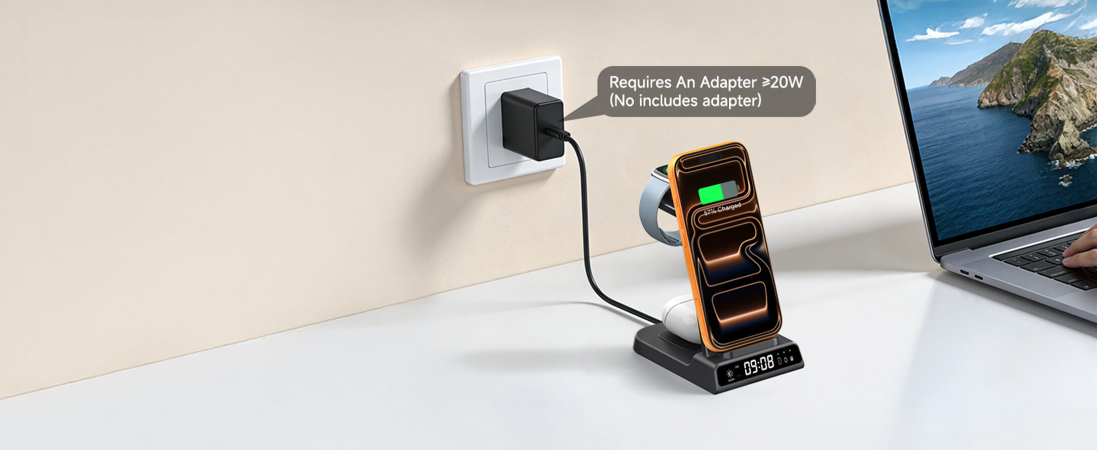 SwanScout C01FB 3-in-1 charging station integrated digital clock for minimalist desk setup