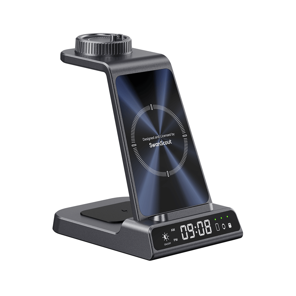 SwanScout C01GM 3-in-1 wireless charging station with digital clock and LED display for Garmin watch charging.