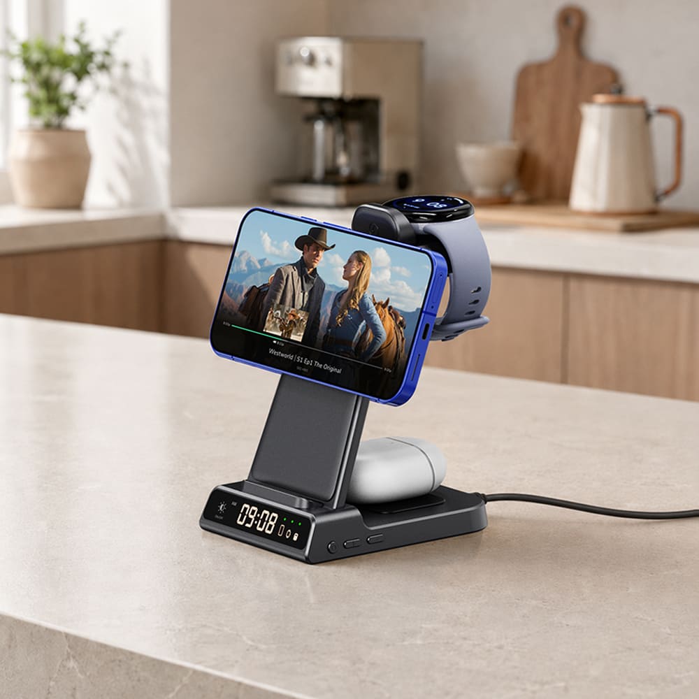 Pixel 11/10 wireless charging stand holding a phone in landscape mode on a kitchen counter SwanScout C02MG4