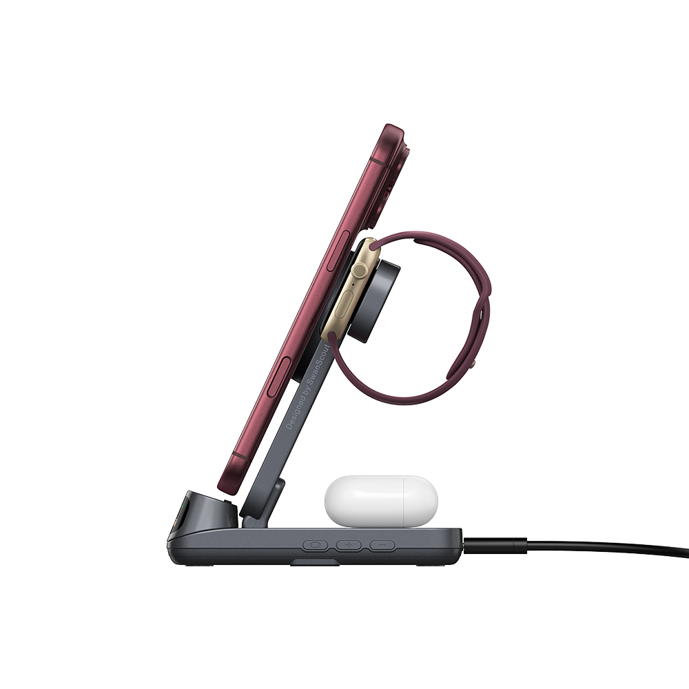 25W Apple 3 in 1 charger powering iPhone 18 Pro earbuds and Apple Watch with SwanScout S10025M