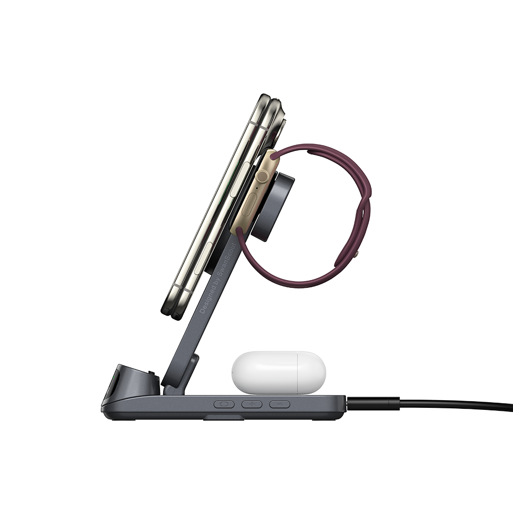 iPhone and Apple Watch charger powering iPhone Duo earbuds and watch with SwanScout S10025M
